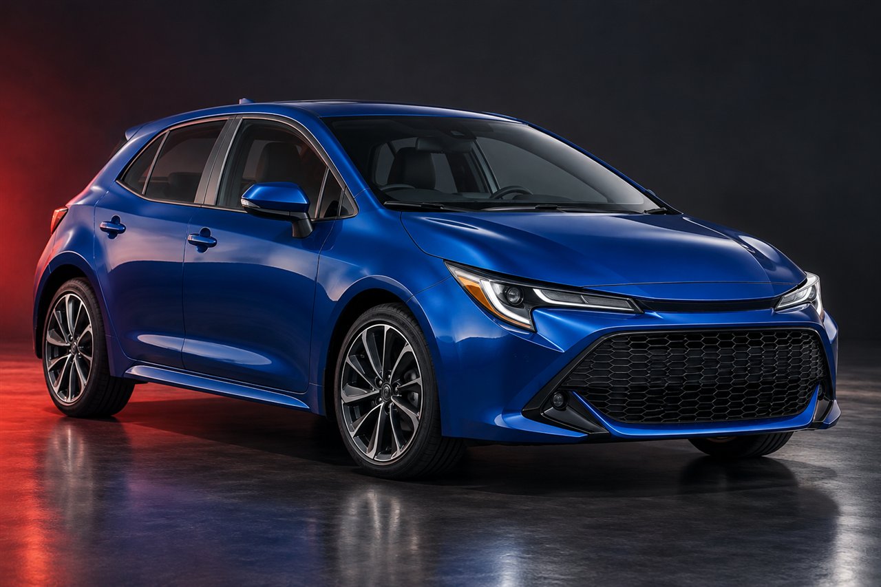 Blue compact hybrid sedan